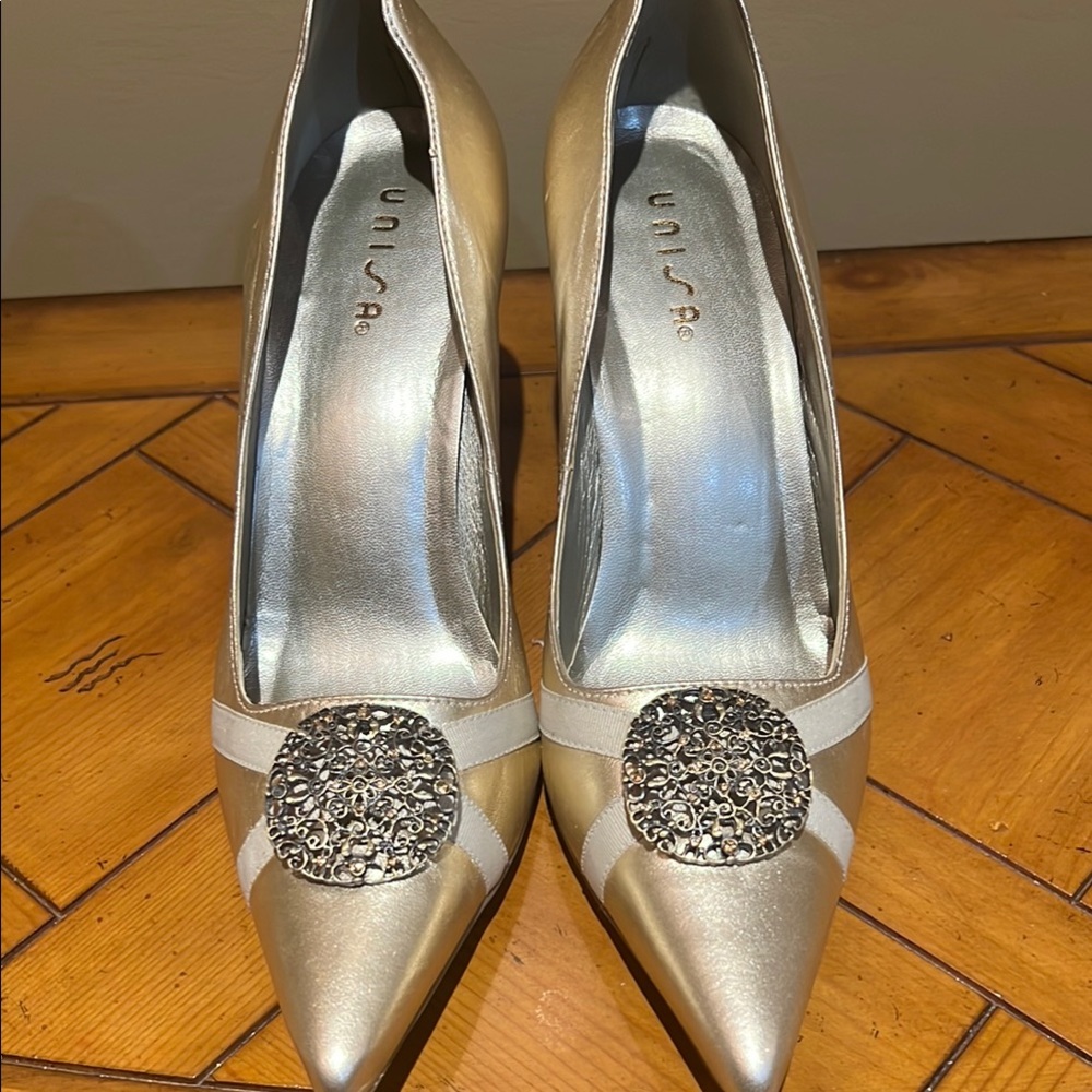 Unisa Metallic Gold Heels with Decorative Accent